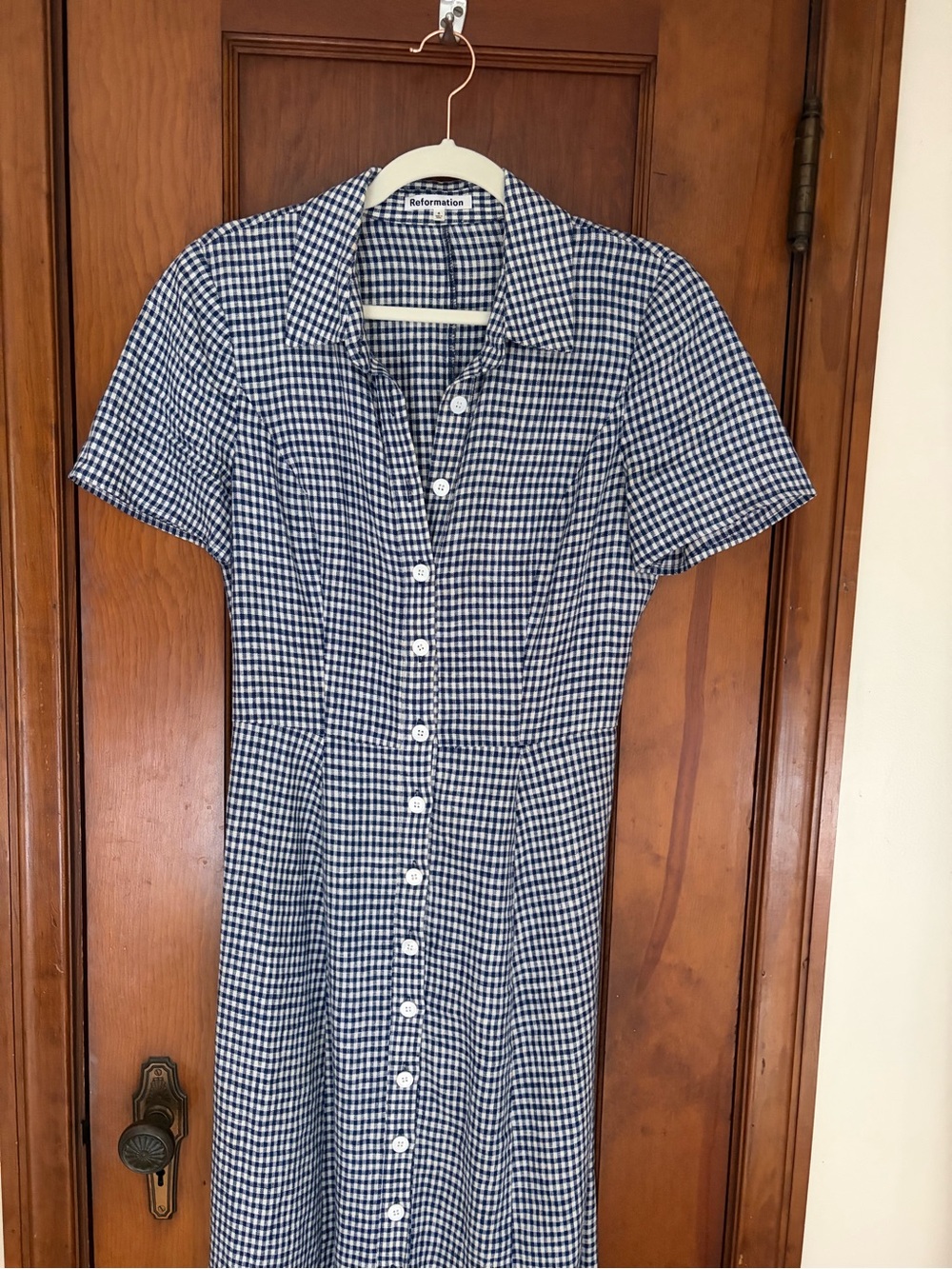 Reformation Navy & White Gingham Linen Shirt Dress